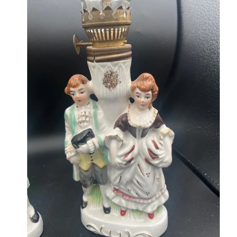 Vintage Pair‎ Japan porcelain oil lamps mid century Mantel Man/Women